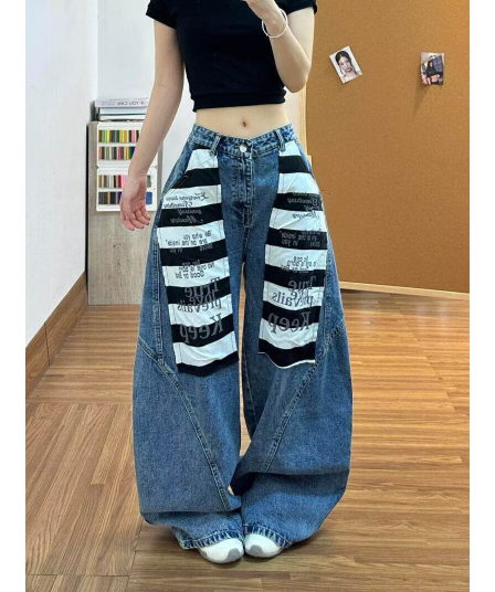 아메리칸 레트로 높음 거리 청바지 남녀 디자인 센스 모통이 칼 루즈핏 패치워크 알파벳 스트라이프 넓은 다리 바닥 청소 긴 바지