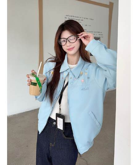 정가 도파민 파란색 자수 폴로 칼라 여성 코트 가을 디자인 센스 작은 대중 3 차원 꽃 야구 유니폼 재킷