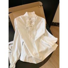 批发蓝色木耳边立体花朵长袖衬衫女上衣小个子2026<b class='q'>春</b>季超火衬衣