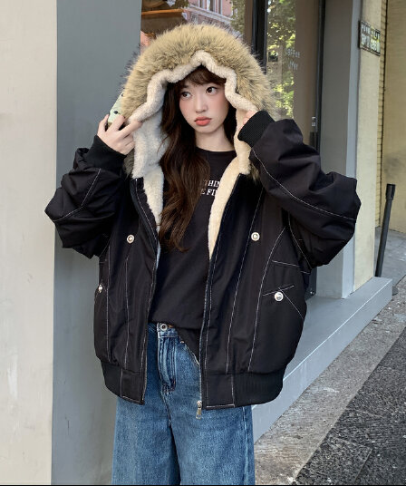 실사 모피 칼라 좌 산 조각 재킷 면 의류 남녀 루즈핏 아메리칸 워크웨어 새로운 재킷 털이 있는 보온