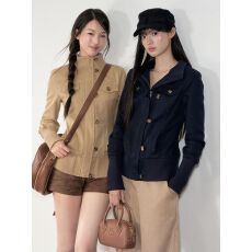 批发美式复古立领工装夹克<b class='q'>外套</b>女秋季新款设计感<b class='q'>修身</b>显瘦拉链上衣开衫