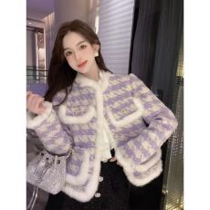 批发新款格纹小香风外套女清新<b class='q'>时尚</b>紫罗兰名媛加厚夹棉毛呢棉服长袖