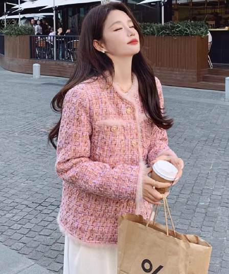 핑크색 작은 샤넬 스타일 두꺼움 여성 코트 가을 겨울 2026 새로운 폭발 고급 절묘한 여성 쇼트 스타일 내피 면 의류