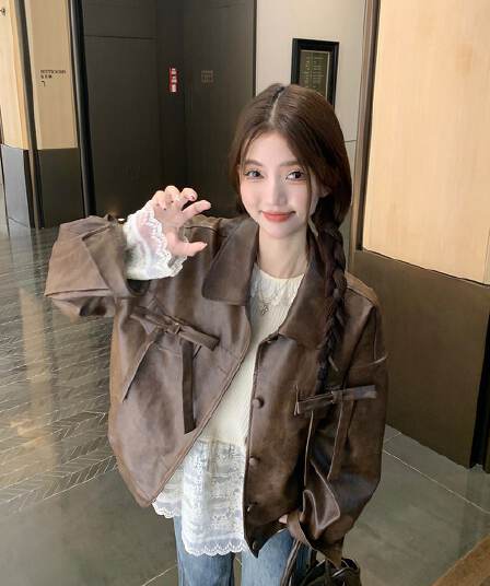 pphome 아름다움 라드. 레트로 나비 매듭 가죽 재킷 여성 코트 가을 겨울 아메리칸 핫걸 캐주얼 루즈핏 재킷 맨위