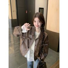 批发PPHOME美拉德复古蝴蝶结皮衣外套女<b class='q'>秋</b>冬美式辣妹休闲宽松夹克上衣