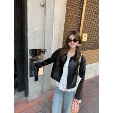 批发春日汉南洞2026<b class='q'>秋</b>冬新款 衬衫领短款PU皮衣外套女夹克小个子