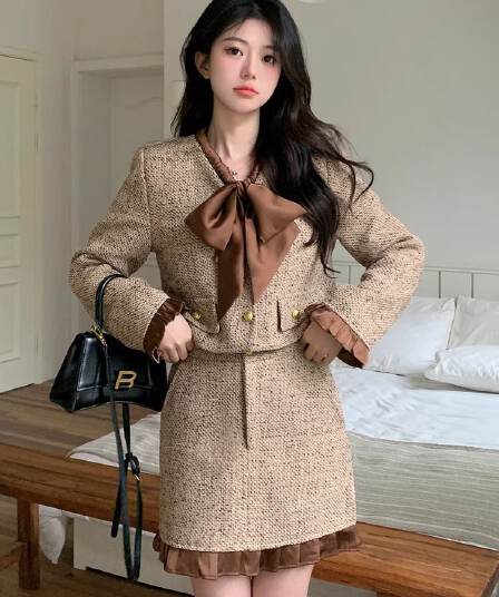 봄 가을 새로운 패션 작은 샤넬 스타일 세트 드레스 여성 외국 가스 나비 매듭 짧은 외투 반신 스커트 투피스 세트