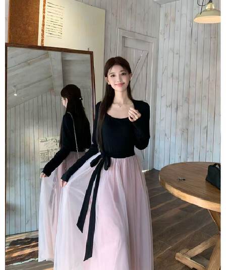 프랑스식 부드러운 바람 드레스 배색 패치워크 생일 치마 아이들 가을 겨울철 품격 레이스업 허리 수축 망사 롱 스커트