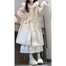 批发甜美小个子毛毛拼接毛呢<b class='q'>外套</b><b class='q'>女</b>冬季新款宽松长款连帽呢子<b class='q'>大</b>衣