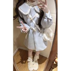 批发学院风奶蓝色娃娃领斗篷毛呢套装女秋冬高级感<b class='q'>中长款</b>加厚呢子大衣