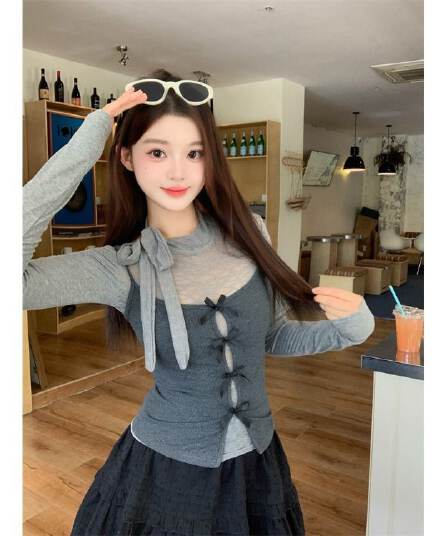 원본 레이스 사람들 면 한 부서 회색 참 및 거짓 두 조각 긴팔 여성 가을 핫걸 맨위 투피스 세트