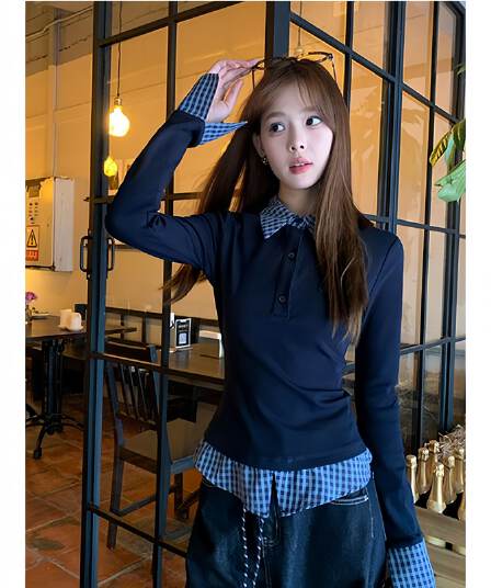 모달 사람들 면 디자인 센스 POLO 칼라 페이크 레이어드 맨위 여성 의류 몸매 가꾸기 슬림해 보이는 인사이드 가져 가라. 기본 셔츠