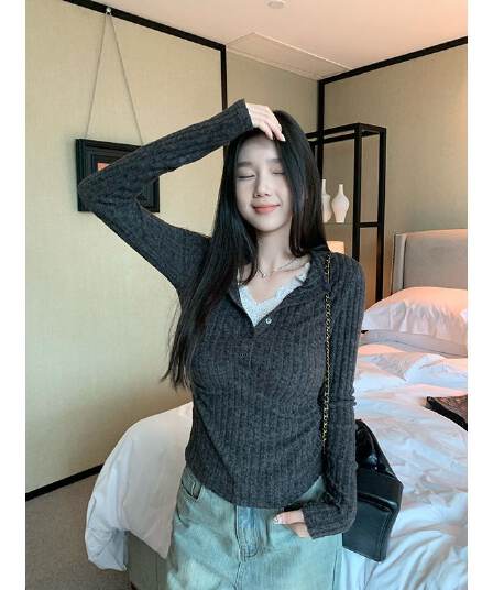 사람들 면 구덩이 기사 연삭 털 레이스 조각 페이크 레이어드 여성 가을 새로운 몸매 가꾸기 V넥 출퇴근 긴팔 맨위