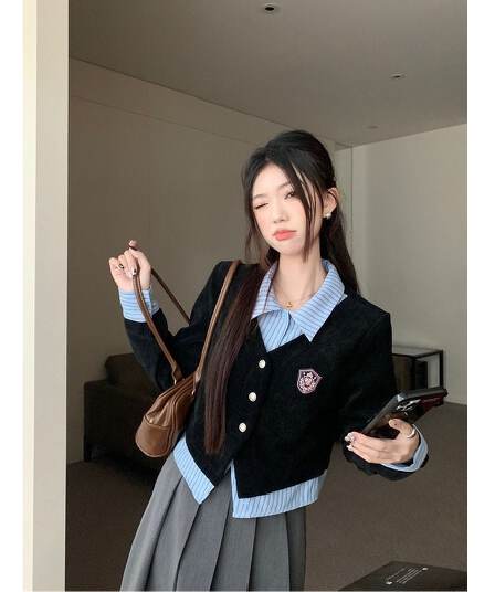 원본 것 학원 스타일 세트 여성 페이크 레이어드 POLO 칼라 긴팔 셔츠 조기 가을