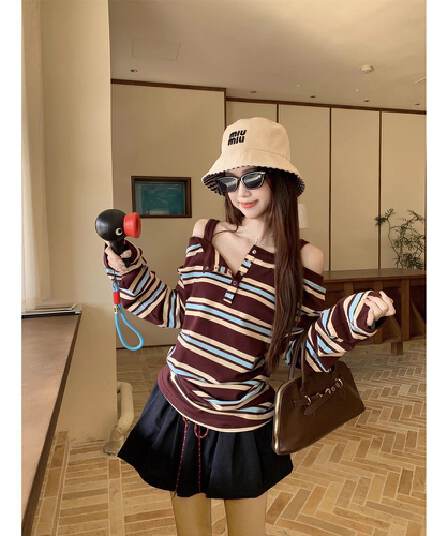 원본 품질 한 부서 배색 스트라이프 패치워크 오프숄더 긴팔 티셔츠 여성 가을 Chic 맨위