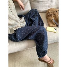 批发夏季碎花裤田园风花边灯笼裤女宽松阔腿<b class='q'>九分裤</b>显瘦