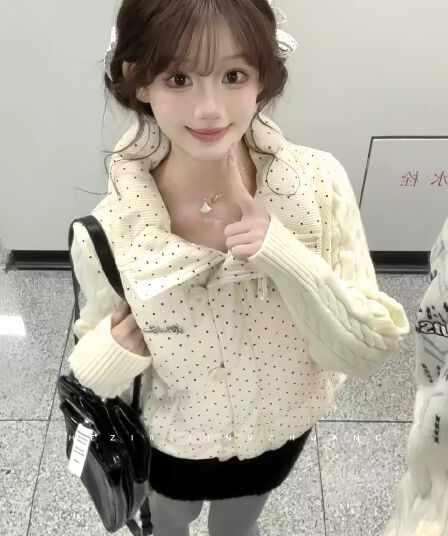 한 부서 달콤함 도트 무늬 니트 패치워크 긴팔 면 의류 여성 코트 겨울 루즈핏 두꺼운 쇼트 스타일 보온 패딩 재킷