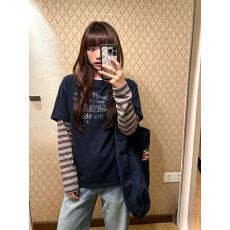 实价原版做工广州面料色织条纹220克纯棉竹节长袖T恤女