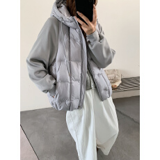 批发实拍羽绒棉服女冬季韩版新款拼接袖时尚方块压棉<b class='q'>宽松</b><b class='q'>大码</b>棉袄外套