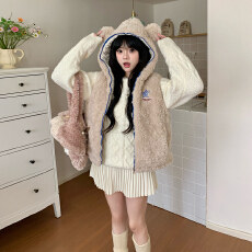 批发实拍可爱小熊耳朵连帽马甲外套女秋<b class='q'>冬</b>新款宽松显瘦小个子无袖马夹