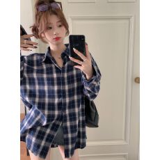 批发实价男友风蓝色<b class='q'>格子</b><b class='q'>衬衫</b>外套女春秋新款设计感小众复古长袖上衣