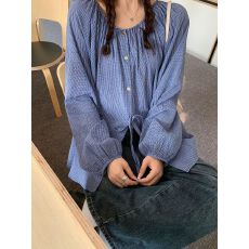 批发实拍小众设计感蓝色<b class='q'>格子</b>长袖上衣女秋装宽松<b class='q'>衬衫</b>单穿法式