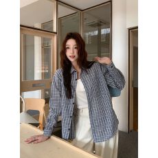 批发实拍蓝色<b class='q'>格子</b><b class='q'>衬衫</b>女长袖<b class='q'>衬衣</b>慵懒松弛感上衣外套