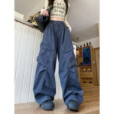 批发实拍水洗<b class='q'>全棉</b>美式宽松多口袋工装裤女阔腿hiphop爵士街舞长裤