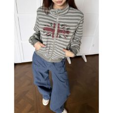 批发纯棉复合美式复古条纹立领拉链开衫卫衣<b class='q'>男</b>女宽松短款休闲外套潮