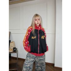 批发纯棉复合刺绣撞色织带星星立领刺绣开衫卫衣<b class='q'>男</b>女学院风宽松外套