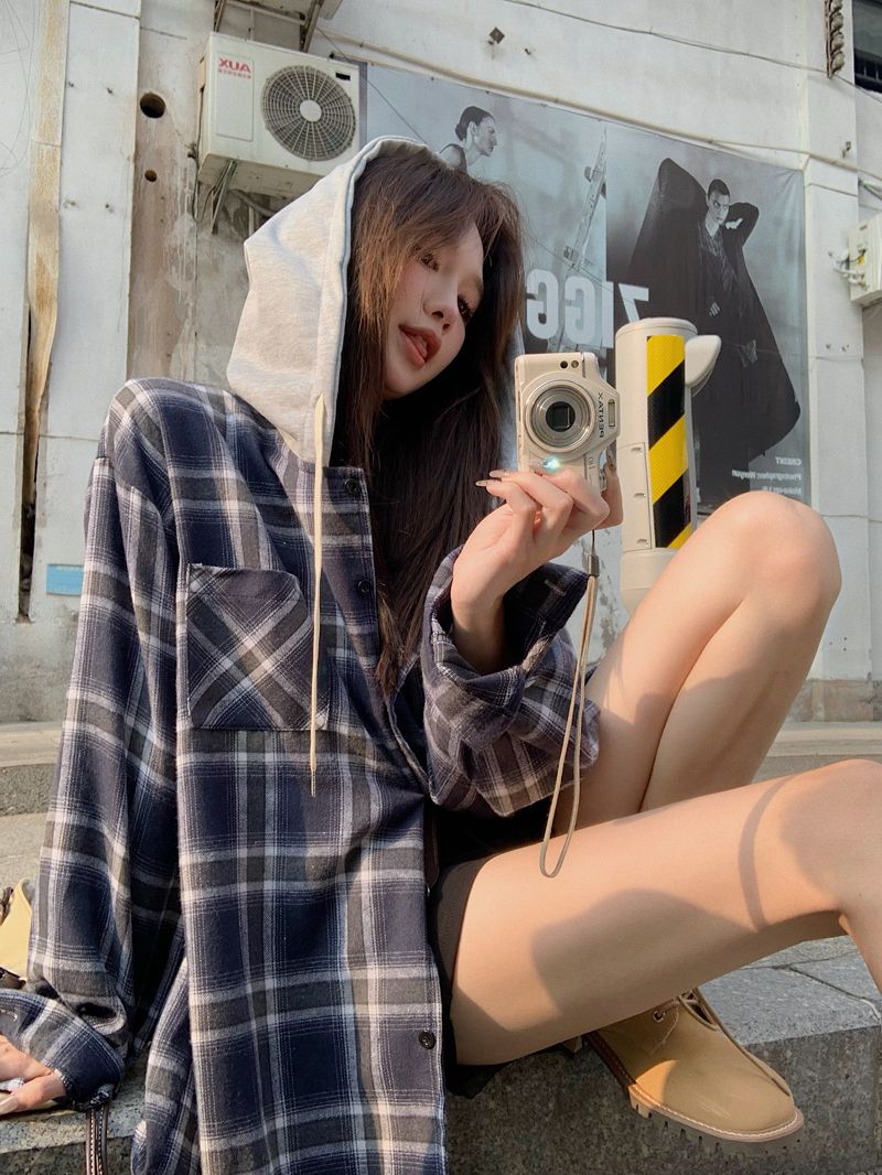 复古连帽格子衬衫女早秋韩版宽松慵懒风小个子衬衣防晒外套 服裝批發女裝批發服飾貨源