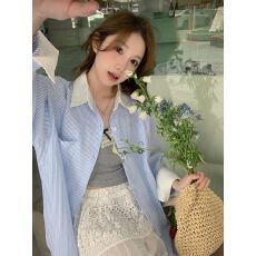 批发韩系chic复古撞色条纹衬衫女2026小众法式拼接<b class='q'>长袖</b>上衣<b class='q'>防晒衫</b>