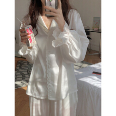 已出货 实拍 韩风ins 白色缎面拼接波浪花边装饰家居服睡衣套装女
