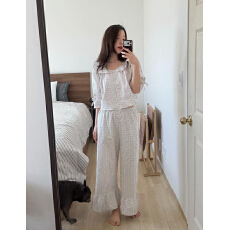 批发新款<b class='q'>睡衣</b>韩风ins 温柔碎花荷叶边中袖长裤家居服套装