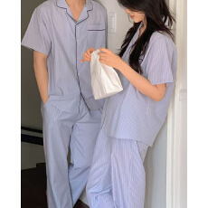 韩风ins简约舒适条纹翻领家居服睡衣短袖长裤套装情侣装