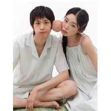 批发韩风ins简约舒适条纹翻领家居服睡衣短袖套装情侣装