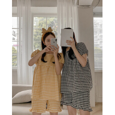 批发韩系ins慵懒风减龄方领宽松大码家居服可外穿闺蜜短袖睡衣套装