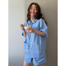 韩风ins简约舒适纯色翻领睡衣短袖套装家居服