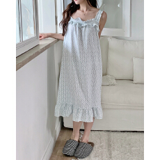 批发韩风ins温柔宽松荷叶边家居服<b class='q'>睡裙</b><b class='q'>吊带</b>慵懒无袖<b class='q'>睡裙</b>