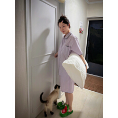 韩风ins简约舒适条纹翻领睡衣宽松短袖套装家居服女装