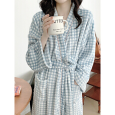 实拍 实价 韩风ins毛绒格子减龄简约舒适撞色装饰家居服睡袍