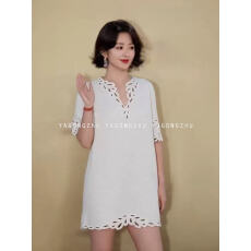 批发【<b class='q'>赵</b><b class='q'>丽</b><b class='q'>颖</b> 朱珠<b class='q'>同款</b>】白色镂空短袖连衣裙宽松a字裙子女