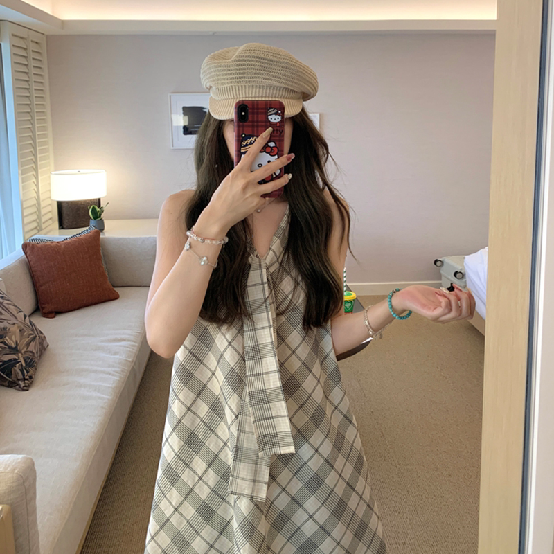 한 부서 해군 칼라 드레스 레트로 체크무늬 품격 슬립 드레스 여성 여름
