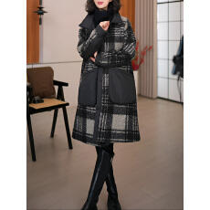 批发格纹拼接设计毛呢外套中长款2025秋冬新款加厚保暖过膝风衣