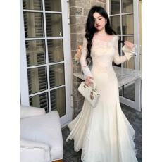 批发富家千金贵气名媛高级感穿搭<b class='q'>蕾丝拼接</b>鱼尾连衣裙气质收腰长裙秋冬