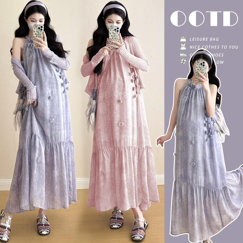 실사 지금 봄 새로운 2026 출산 착용 부드러운 바람 보라색 민소매 행침 목 드레스 새로운 투피스 세트