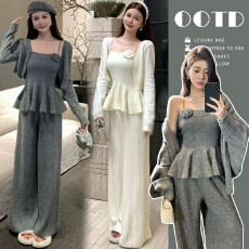 批发新品孕妇装秋冬季法式温柔风针织套装女秋立体花朵吊带开衫三件套