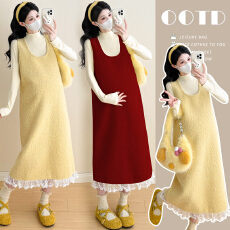 批发实拍新品~2025秋冬孕妇装气质柠檬黄羊羔绒<b class='q'>蕾丝</b>拼接背心裙<b class='q'>两件套</b>