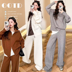 批发现~<b class='q'>孕妇</b><b class='q'>秋冬装</b>套装2025新款减龄加厚翻领针织<b class='q'>上衣</b>+阔腿裤两件套