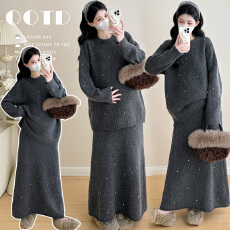 实拍现~孕妇套装秋冬2025新款红色加厚气质毛衣大摆半身裙两件套